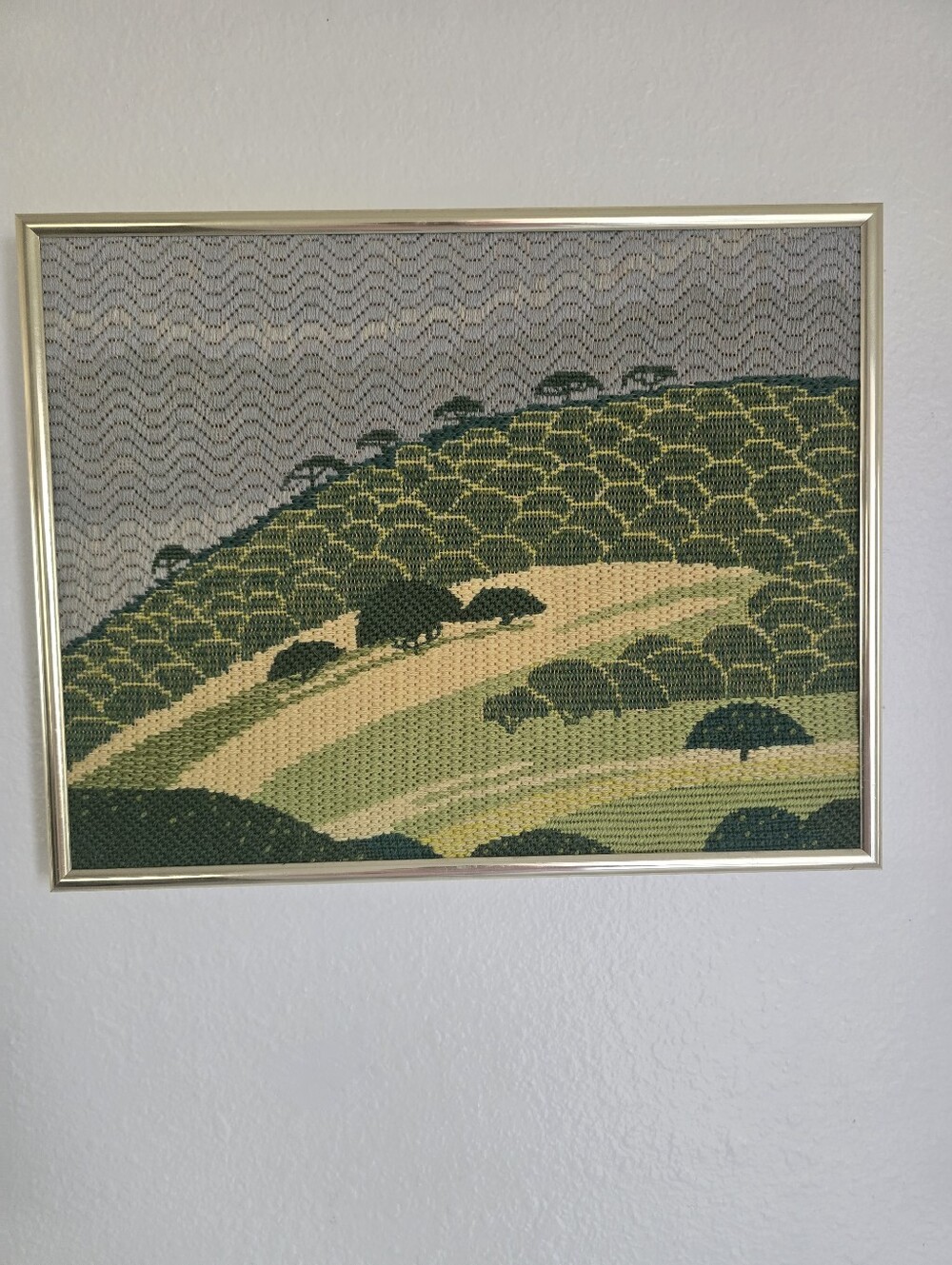 Vintage Needlepoint rolling green hills  folk art in custom frame 18 x14 EUC